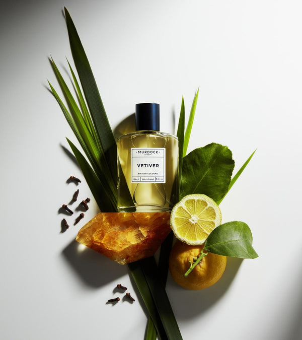 Vetiver Cologne displayed with leaves citrus and amber